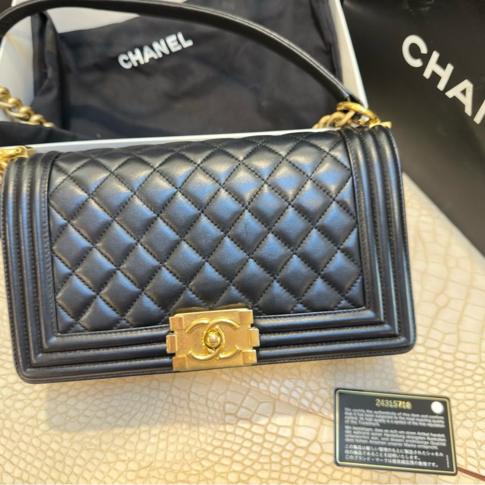 CHANEL BOY Black and Gold Quilted Shoulder Bag